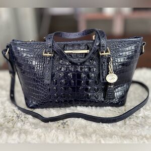 Brahmin Genuine Cow Leather Bag With Embossed Navy Blue Crocodile Pattern.
